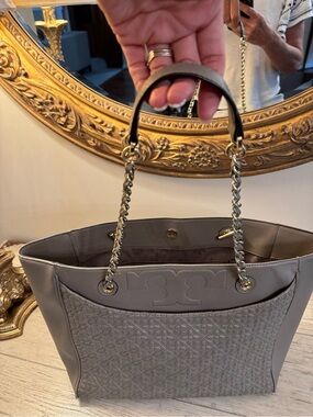Tory Burch Grey T Monogram Tote with Gold Chain Handles. Gorgeous❤️ Rarely used!